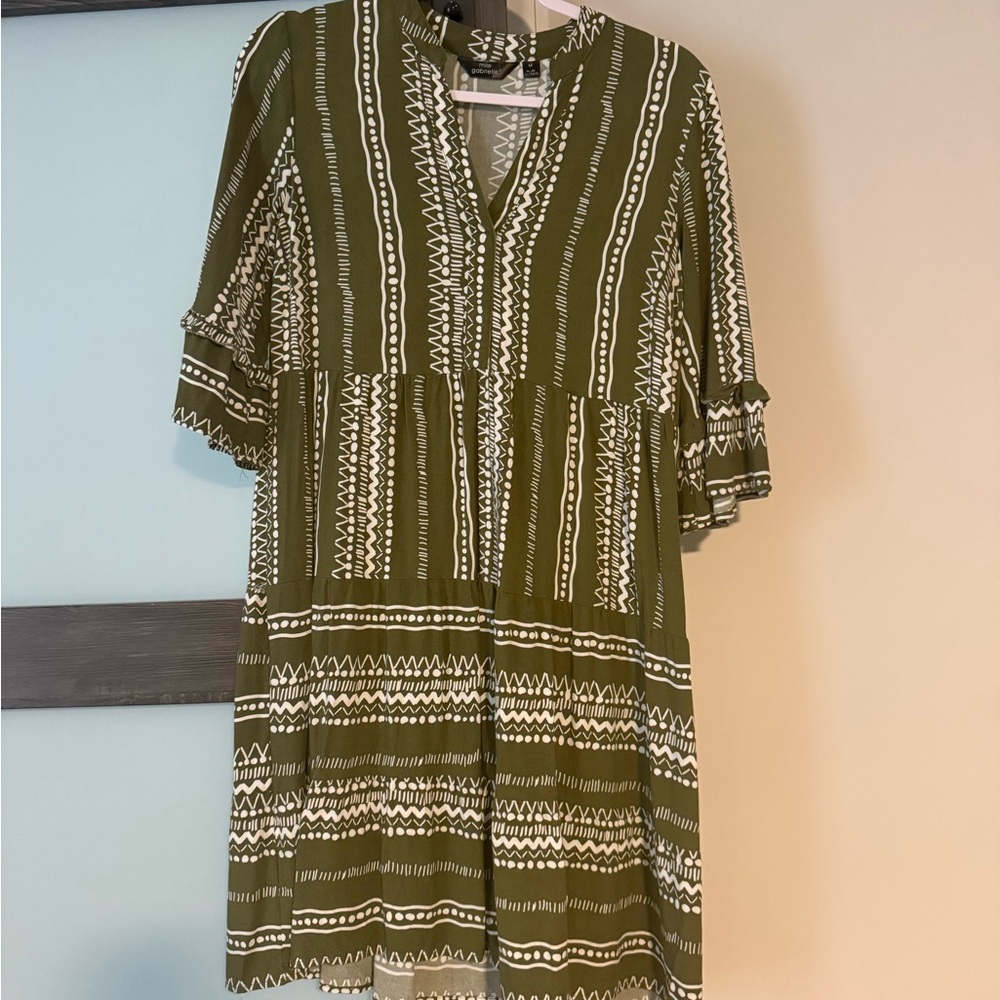Mlle Gabrielle Olive and White Long Sleeve Dress